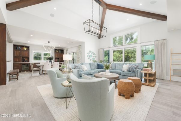 Chandelier, Dining room, Interior, Living room, Pendant Lights, Recessed Lighting, Wooden Beams, Wood Texture Flooring