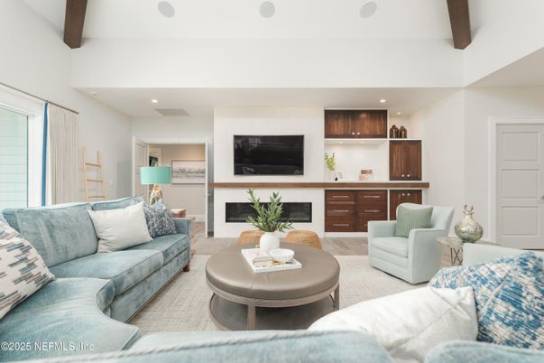 Fireplace, Interior, Living room, Recessed Lighting, Wooden Beams