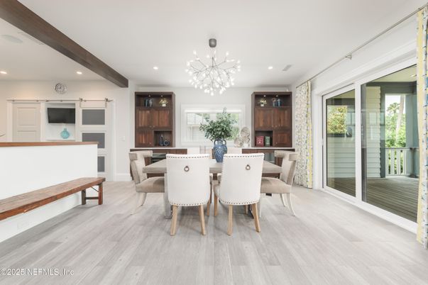 Dining room, Interior, Pendant Lights, Recessed Lighting, Wooden Beams, Wood Texture Flooring
