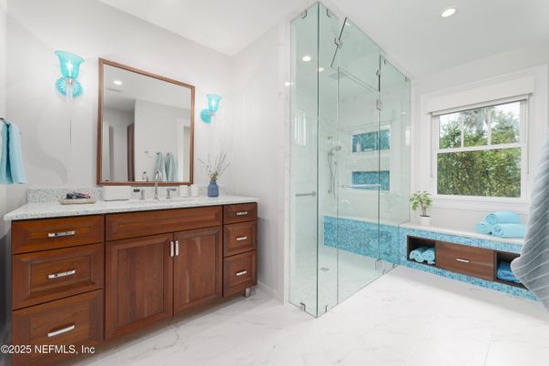 Bathroom, Dual Sink Vanities, Glass Shower, Interior, Marble, Recessed Lighting