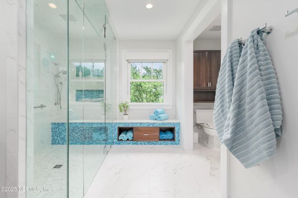 Bathroom, Glass Shower, Interior, Marble, Marble Walls, Recessed Lighting