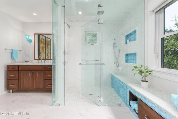 Bathroom, Glass Shower, Interior, Marble, Marble Walls, Recessed Lighting