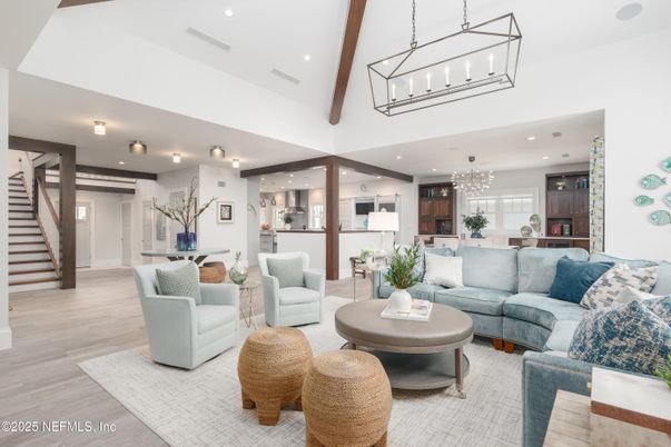 Chandelier, Dining room, Interior, Kitchen, Living room, Pendant Lights, Recessed Lighting, Wood Texture Flooring