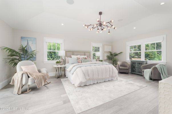 Bedroom, Interior, Pendant Lights, Recessed Lighting, Wood Texture Flooring