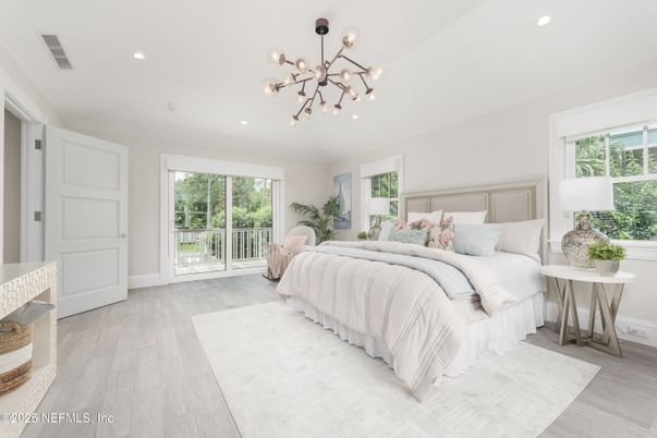 Bedroom, Interior, Pendant Lights, Recessed Lighting, Wood Texture Flooring