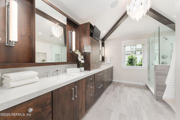 Bathroom, Dual Sink Vanities, Glass Shower, Interior, Recessed Lighting, Wooden Beams, Wood Texture Flooring