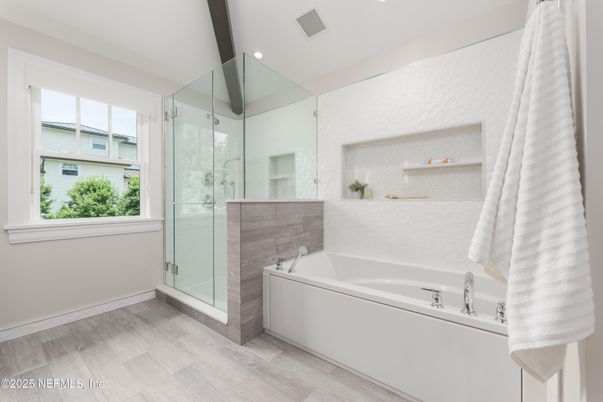 Bathroom, Glass Shower, Interior, Recessed Lighting, Wood Texture Flooring