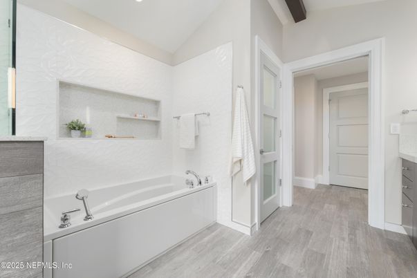 Bathroom, Interior, Recessed Lighting, Wood Texture Flooring