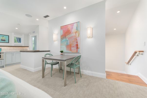 Dining room, Interior, Recessed Lighting, Wood Texture Flooring