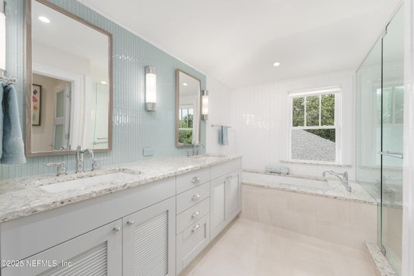 Bathroom, Dual Sink Vanities, Glass Shower, Interior, Recessed Lighting