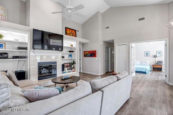 Fireplace, Interior, Living room, Pendant Lights, Wood Texture Flooring