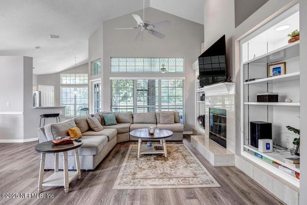 Fireplace, Interior, Living room, Pendant Lights, Wood Texture Flooring