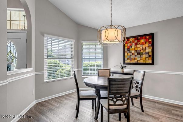 Dining room, Interior, Pendant Lights, Wood Texture Flooring