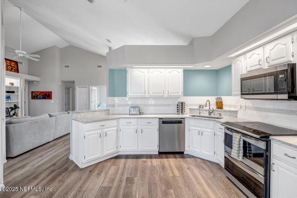 Interior, Kitchen, Living room, Recessed Lighting, Stainless Steel Appliances, Wood Texture Flooring