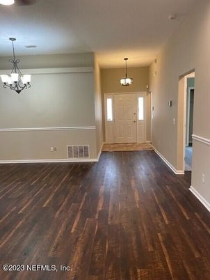 Chandelier, Empty room, Interior, Pendant Lights, Wood Texture Flooring