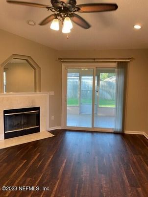 Empty room, Fireplace, Interior, Recessed Lighting, Wood Texture Flooring