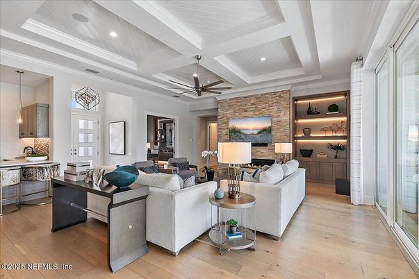 Interior, Living room, Pendant Lights, Recessed Lighting, Stone Walls, Wood Texture Flooring