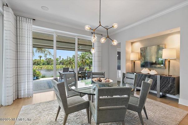 Dining room, Interior, Pendant Lights, Wood Texture Flooring