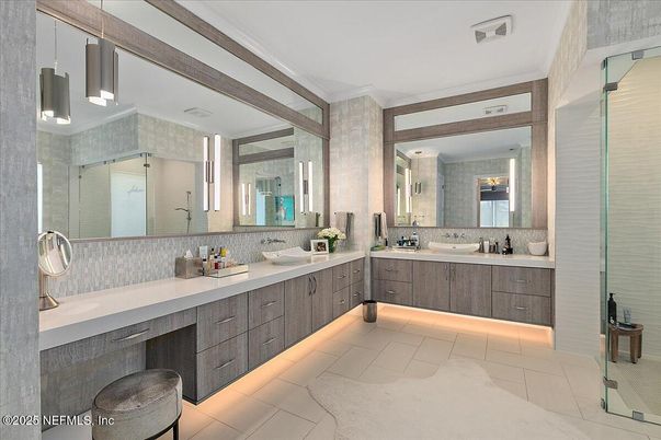 Bathroom, Dual Sink Vanities, Glass Shower, Interior, Pendant Lights