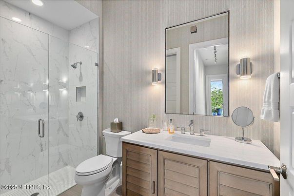 Bathroom, Glass Shower, Interior, Marble Walls, Recessed Lighting