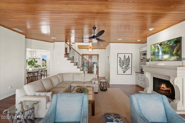 Dining room, Fireplace, Interior, Living room, Recessed Lighting, Wooden Ceilings, Wood Texture Flooring