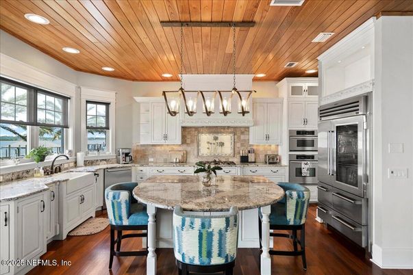 Interior, Kitchen, Pendant Lights, Recessed Lighting, Stainless Steel Appliances, Wooden Ceilings, Wood Texture Flooring