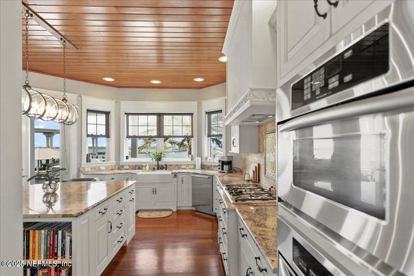 Interior, Kitchen, Pendant Lights, Recessed Lighting, Stainless Steel Appliances, Wooden Ceilings, Wood Texture Flooring