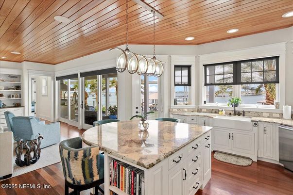 Dining room, Interior, Kitchen, Pendant Lights, Recessed Lighting, Stainless Steel Appliances, Wooden Ceilings, Wood Texture Flooring
