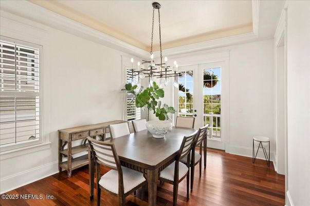Dining room, Interior, Pendant Lights, Wood Texture Flooring
