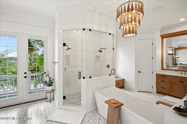 Bathroom, Chandelier, Glass Shower, Interior, Recessed Lighting