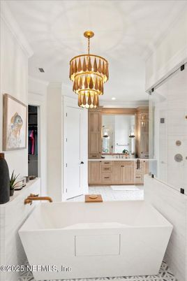 Bathroom, Chandelier, Glass Shower, Interior, Recessed Lighting