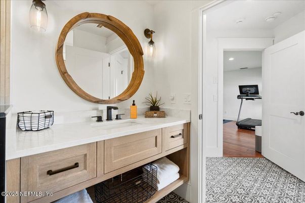 Bathroom, Dual Sink Vanities, Fitness Equipment, Interior, Recessed Lighting, Wood Texture Flooring