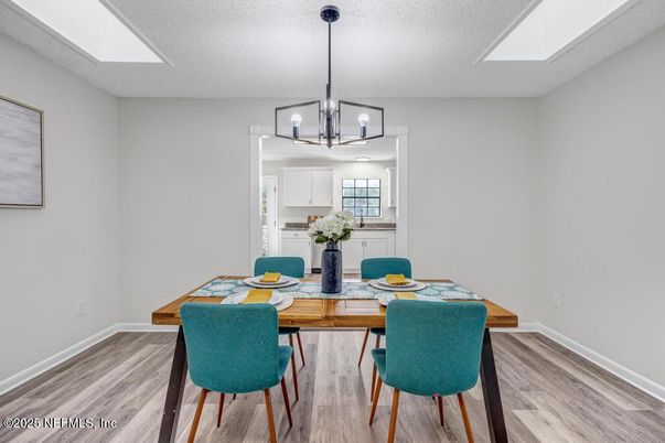 Dining room, Interior, Pendant Lights, Wood Texture Flooring