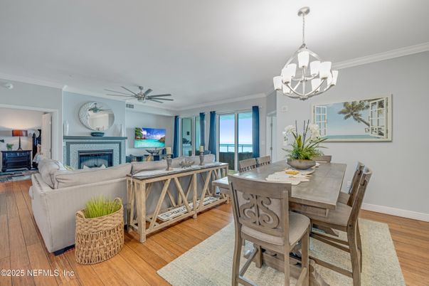 Chandelier, Dining room, Fireplace, Interior, Living room, Water, Wood Texture Flooring