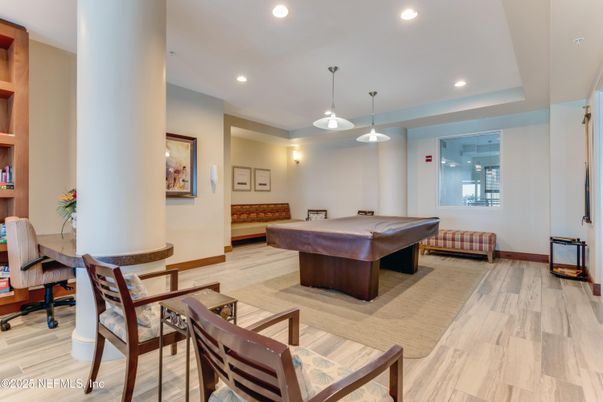 Billiard Table, Game Room, Interior, Pendant Lights, Recessed Lighting, Wood Texture Flooring