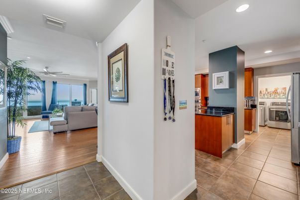 Interior, Kitchen, Living room, Recessed Lighting, Stainless Steel Appliances, Water, Wood Texture Flooring