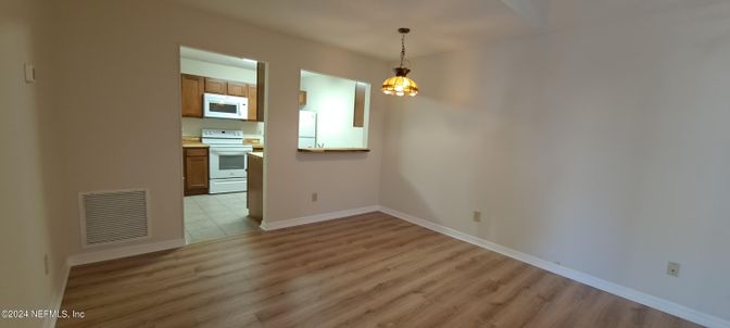 Empty room, Interior, Kitchen, Pendant Lights, Wood Texture Flooring