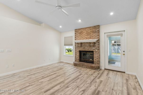 Empty room, Fireplace, Interior, Recessed Lighting, Wood Texture Flooring