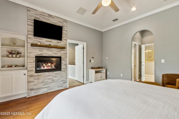 Bedroom, Fireplace, Interior, Recessed Lighting, Wood Texture Flooring