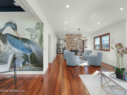 Fireplace, Interior, Living room, Pendant Lights, Recessed Lighting, Stone Walls, Wood Texture Flooring