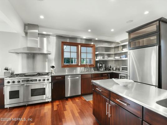 Interior, Kitchen, Recessed Lighting, Stainless Steel Appliances, Wood Texture Flooring