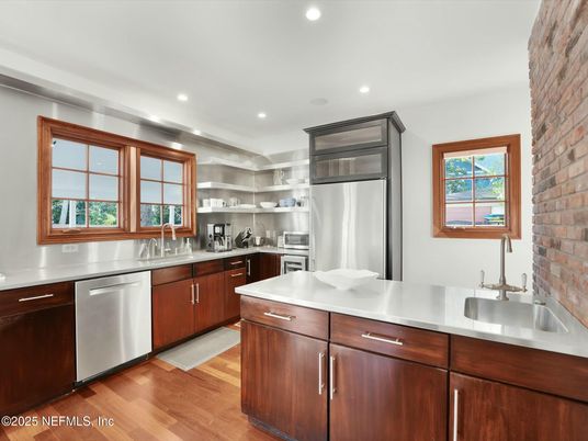 Interior, Kitchen, Recessed Lighting, Stainless Steel Appliances, Stone Walls, Wood Texture Flooring