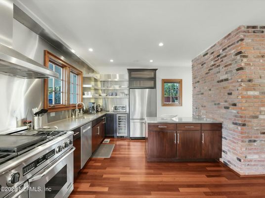 Interior, Kitchen, Recessed Lighting, Stainless Steel Appliances, Stone Walls, Wood Texture Flooring
