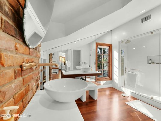 Bathroom, Free Standing Baths, Interior, Recessed Lighting, Stone Walls, Wood Texture Flooring