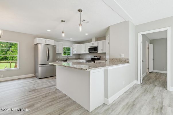 Interior, Kitchen, Pendant Lights, Recessed Lighting, Stainless Steel Appliances, Wood Texture Flooring