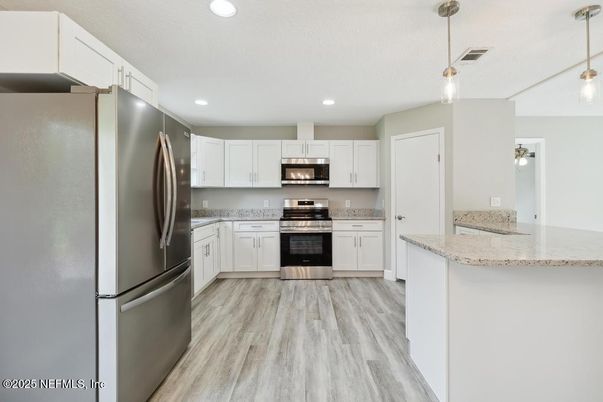 Interior, Kitchen, Pendant Lights, Recessed Lighting, Stainless Steel Appliances, Wood Texture Flooring