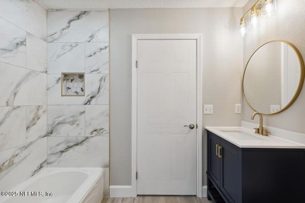 Bathroom, Interior, Marble Walls, Wood Texture Flooring