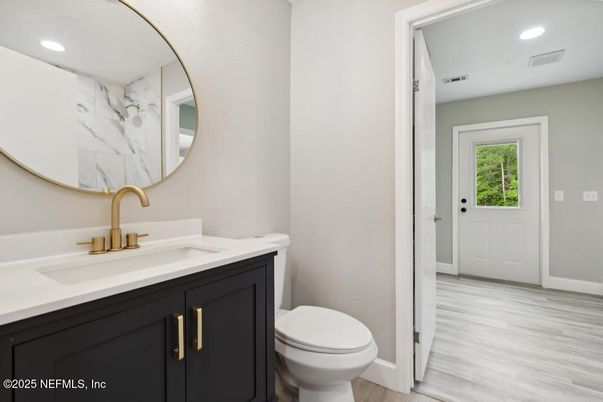Bathroom, Interior, Marble Walls, Recessed Lighting, Wood Texture Flooring