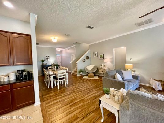 Dining room, Interior, Living room, Recessed Lighting, Wood Texture Flooring