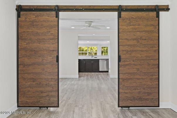 Interior, Kitchen, Recessed Lighting, Wood Texture Flooring, Wooden Walls